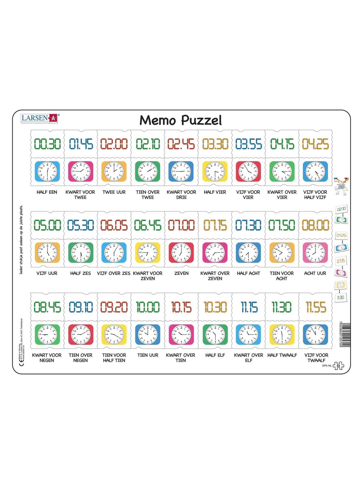 Selecta Play Larsen Memo Puzzle Learning to Tell the Time Traditional and digital clock 54 pcs. 2D Puzzles
