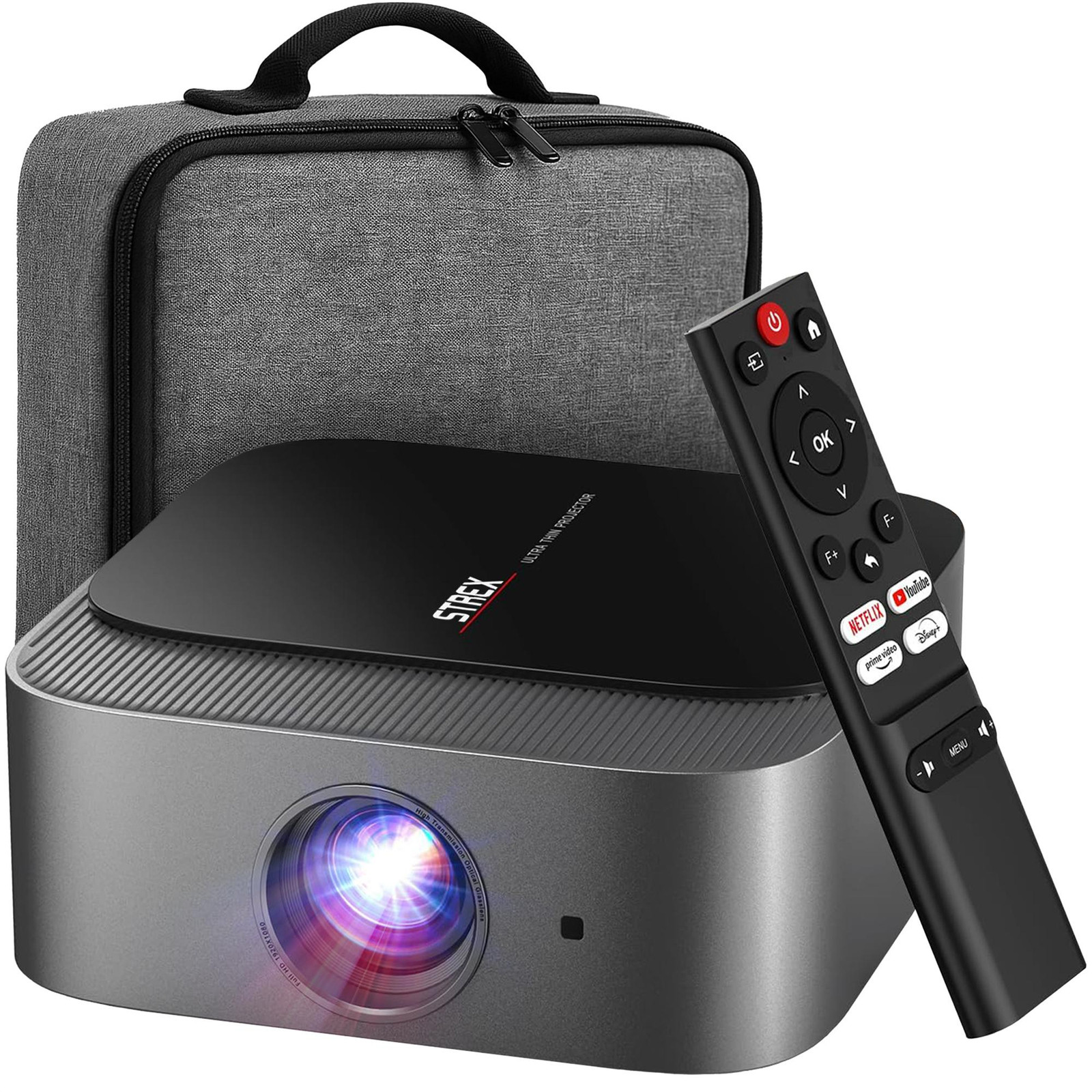 Strex Smart 1080P Full HD Projector met 4K ondersteuning, WiFi, Bluetooth en ingebouwde speakers, inclusief opbergtas