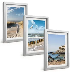 BILDER SET 3er Set - 20x30 cm Silberner Rahmen - Strand Holzsteg Klippen
