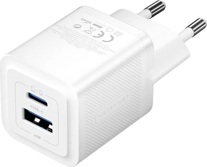 Vention 2-Port USB (C + A) GaN Charger (30W/30W) EU-Plug White