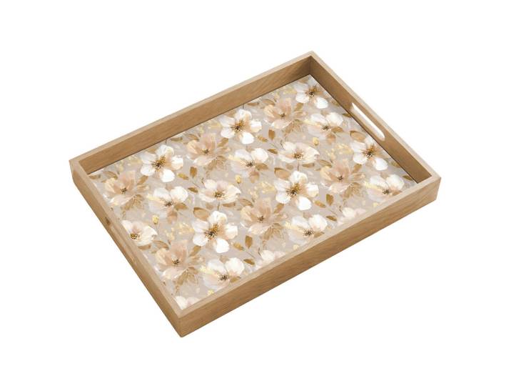 OnlyWow Tablett - Blumen - künstlerisch - Gold - 50x35 cm, Beige, Holz, Echtholz,Eiche, Rechteckig, 50x5x5 cm, Geschirr, Tischkultur & Serviergeschirr, Tabletts