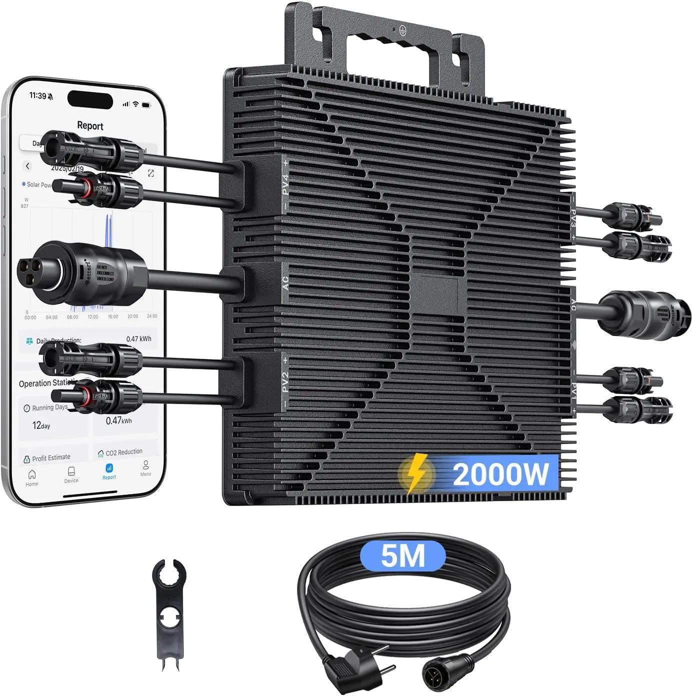 Mikrowechselrichter - 2000W Wi-Fi Bluetooth - 4 MPPT-Eingänge - Netzeinspeisung 230V - Für Balkonkraftwerk & Solaranlage - WiFi/Bluetooth Überwachung - IP67