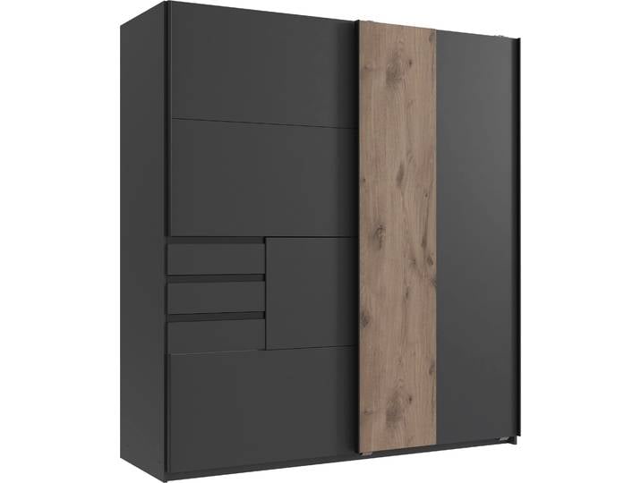 Schwebetürenschrank WIMEX Coburg, Kleiderschrank Made in Germany , grau (graphit, viking oak), B:180cm H:198cm T:65cm, Holzwerkstoff, Schränke, Schwebetürenschrank, mit Akustikpaneel Optik oder Holzoptik eichefarben, 180cm breit