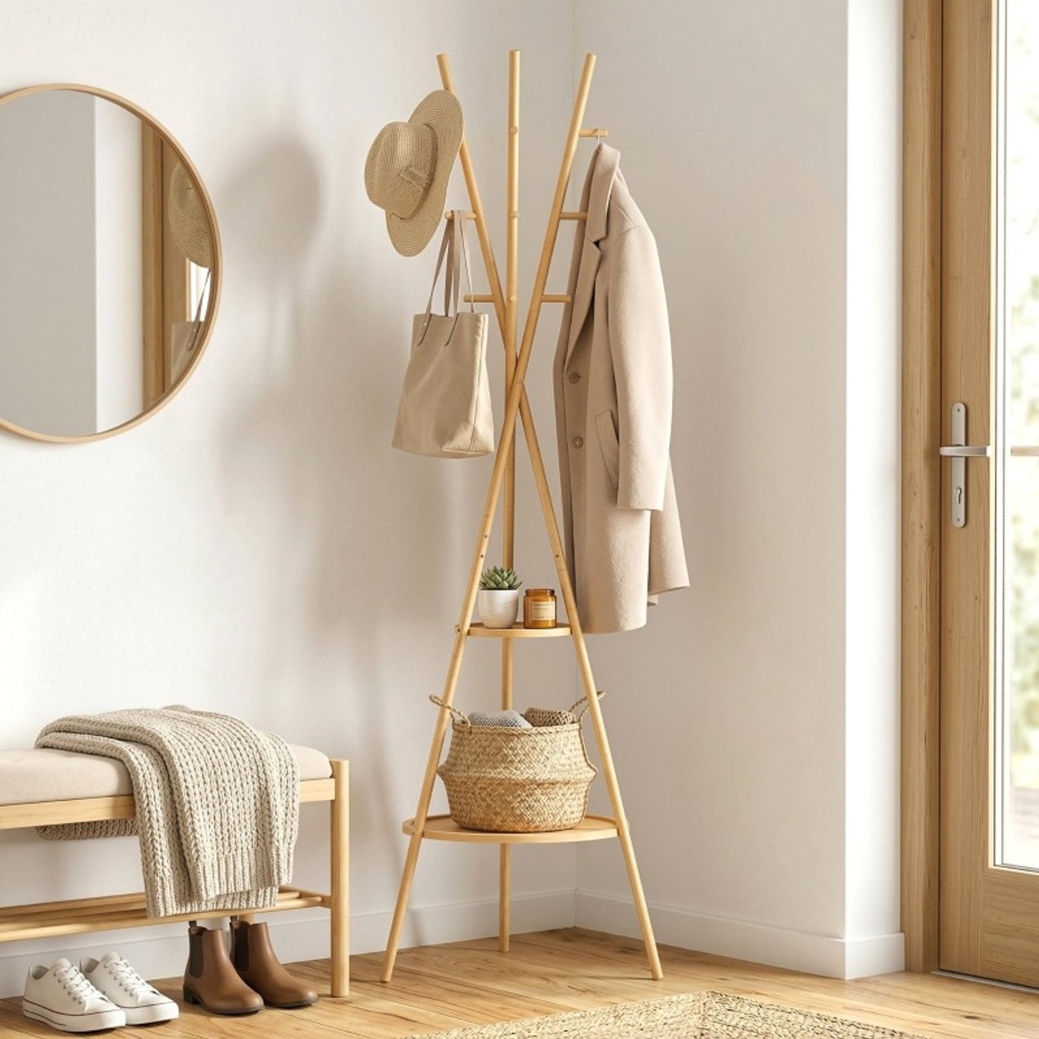 CHICFURN Kledingrek met 9 haken en 2 planken, Vrijstaand, Naturel