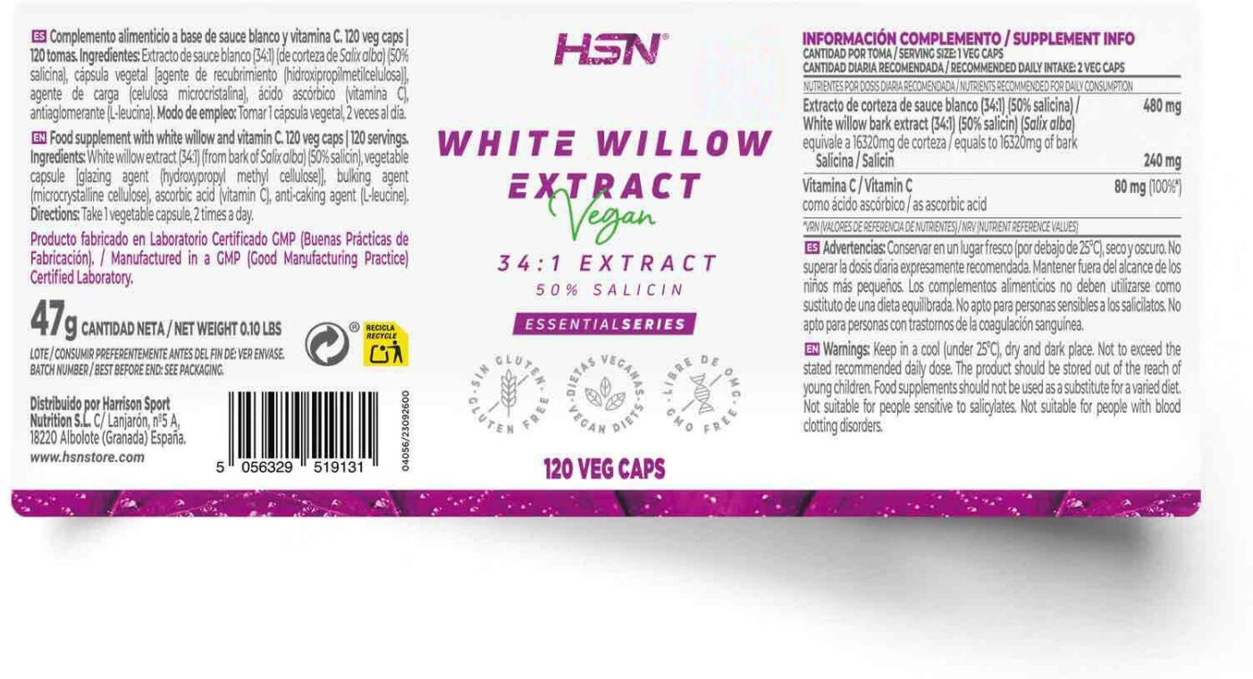HSN Extrato de salgueiro-branco (34:1) 240mg - 120 veg caps - Saúde articular - Cápsulas Vegetales - 120 Serviços