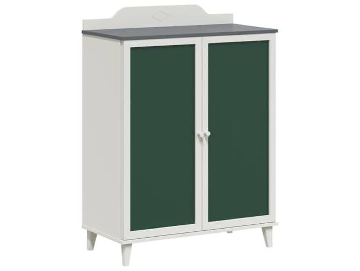 Sideboard Holzwerkstoff Weiß Grün mit Kreidetafel Moderner Sideboard, rechteckige Form, weiße Türen, grüne Türen, Regale, Kreidetafel, Holzwerkstoff, pflegeleicht