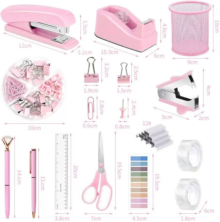 INF Rosa Hefter Set - Komplettes Büro-Schreibwarenset mit Klammerentferner und Abroller