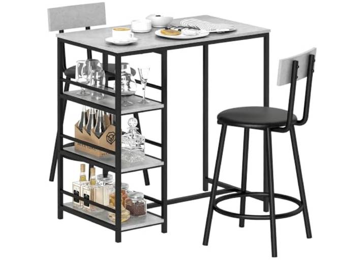 HOMCOM Bartisch mit Barhocker Set für 2, 2 Gepolsterte Barstühle, Hellgrau Rückenlehne, Küchentisch mit 3 Ablagen, Modern-Stil, Bartheke für Esszimmer, Küche, Stahl
