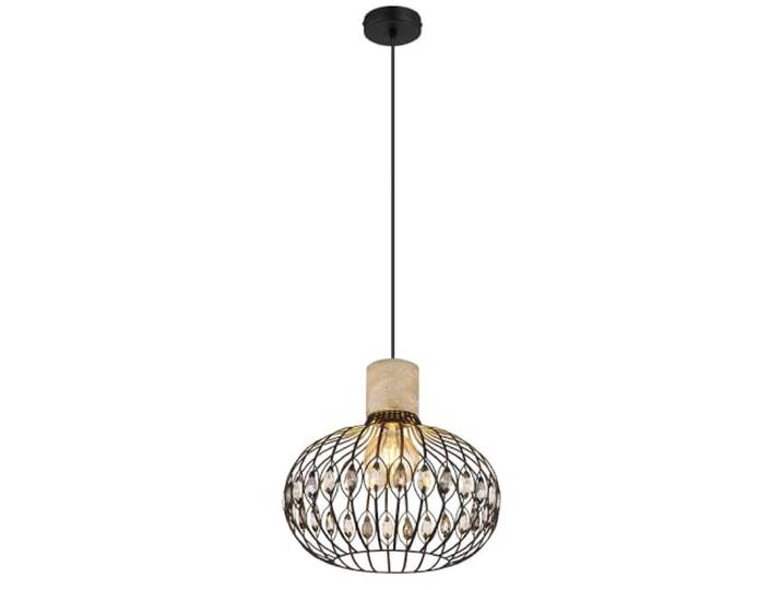 Suspension Travertin Métal Noir Mat Cristaux Diamètre 38 cm