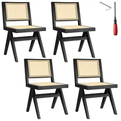 tectake Holzstuhl Lissy mit Wiener Geflecht im Boho-Stil - 4er Set schwarz