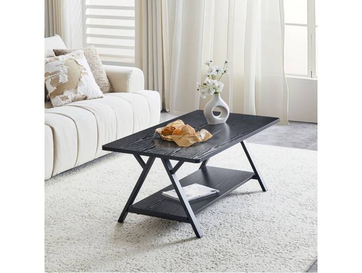 Table basse industrielle noire avec étagère de rangement et structure en métal