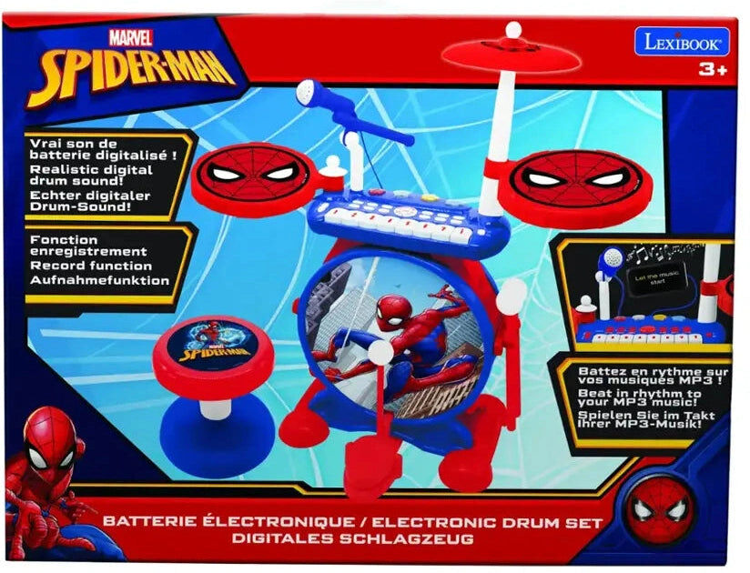 Lexibook My Rock Band Spider-Man Electronic Drum Set with Seat for Kids - 8-key keyboard, Microphone, Bass Drum Pedal, Drumsticks and Seat Included