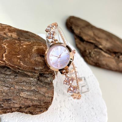 Combo Retail Shop Elegant Ladies Quartz Watch, Round Alloy Case, Arabic Numeral Dial, Leaf Shaped Diamond Studded Bracelet pink