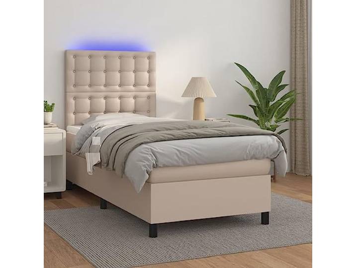 PUGYNBK Boxspringbett, 100 x 200 cm, mit Matratze und LED Verstellbares Kopfteil, Kunstleder, Taschenfederkerne, Cappuccino