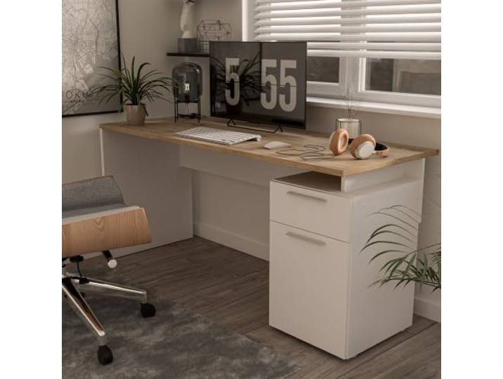 Forte Contra Costa Schreibtisch 160, moderner Schreibtisch mit Schublade und Schrank, Home Office, Jugendzimmer, Holzwerkstoff, Artisan Eiche Holzdekor/Weiß, 160 cm breit x 73,5 cm hoch x 50 cm tief