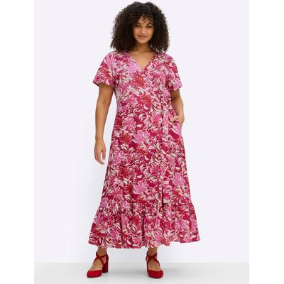 Wickelkleid SHEEGO BY JOE BROWNS "Kleid", Damen, Gr. 48, Normalgrößen, Kurzarm, rosa (erdbeere, pink, gemustert), 100% Viskose, geblümt, gemustert, lang, V-Ausschnitt, Kleider Wickelkleid