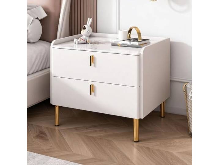 Nachttisch mit 2 Schubladen, Gepolsterter Beistelltisch Sintersteinplatte Moderner Nachttisch aus Nappa-Mikrofaserleder, Leise Schubladenführungen für Schlafzimmer & Zimmer(White,40cm/16in)