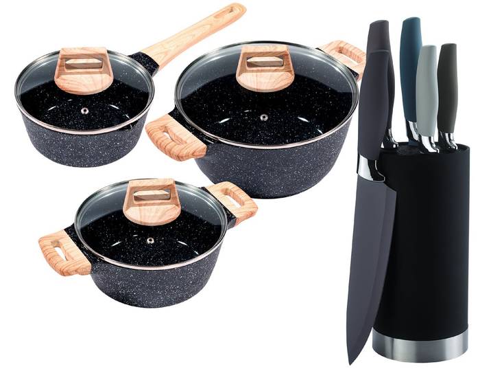 KING Topf-Set »ESSENTIAL« Aluminiumguss, Induktion, Antihaftbeschichtung, Aluminiumguss (Set, 12-tlg., 2 Töpfe, 1 Stieltopf, 3 Glasdeckel), inkl. 5 Küchenmesser, 1 Messerblock