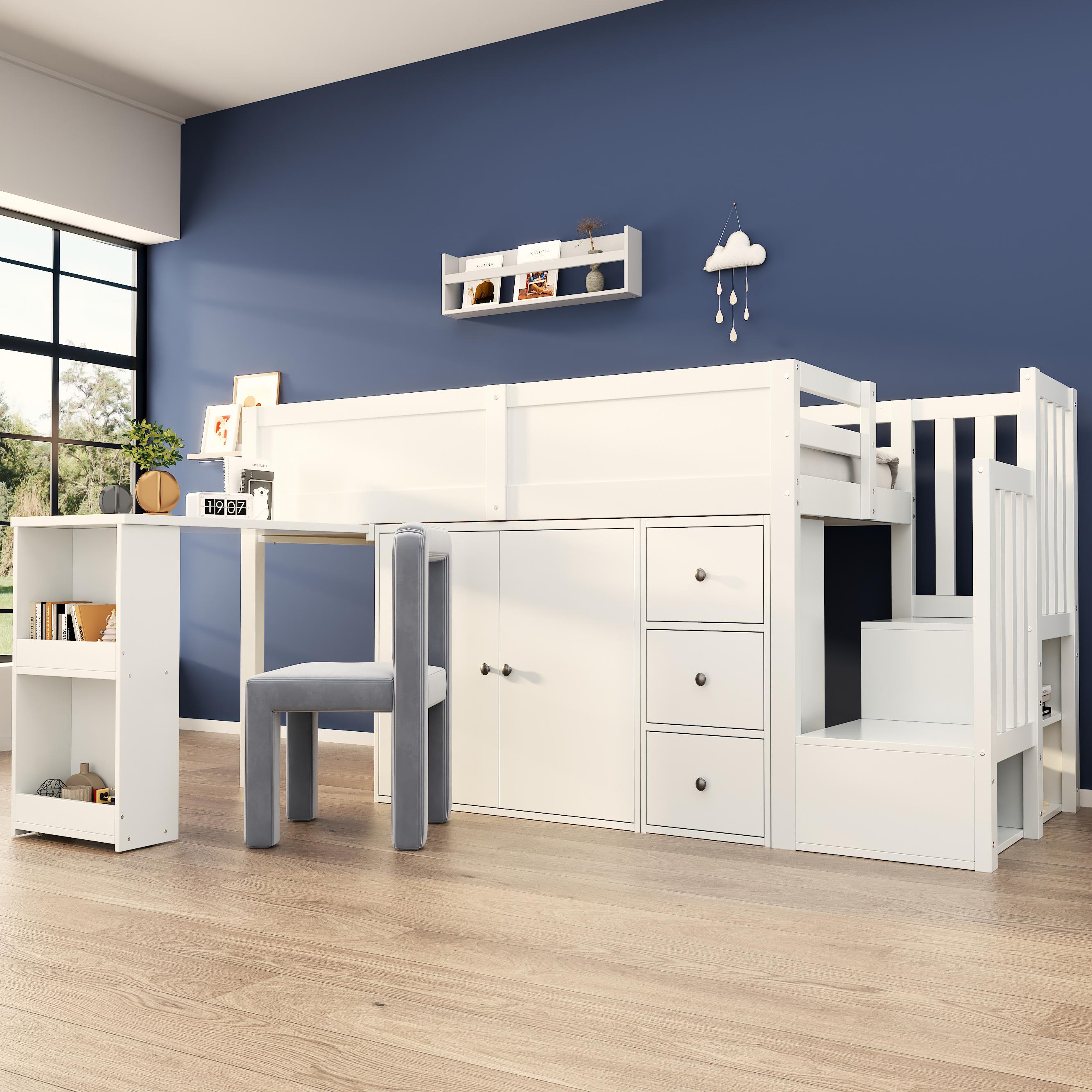 okwish Kinderhochbett Jugendbett Multifunktionales Kinderbett, mit Ausziehbarem Schreibtisch mit Treppe und Treppenschrank, Ohne Matratze, Weiß 90x200cm