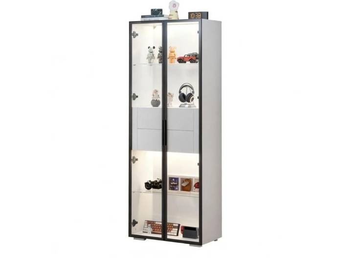 Vitrine haute LED - SENVIRO 60 x 40 x 160 cm blanc et noir 2 étagères en verre réglables 2 tiroirs verre trempé