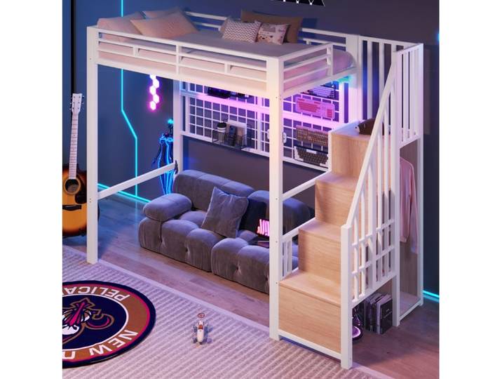 VUENOR lit mezzanine 90x200 cm blanc – échelle de rangement sans matelas