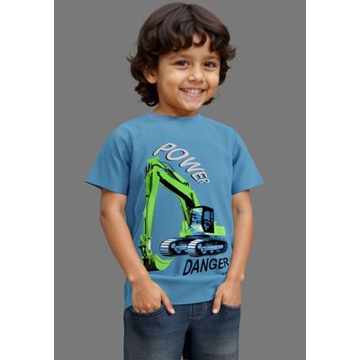 T-Shirt KIDSWORLD "BAGGER", Jungen, Gr. 116/122, blau, Single Jersey, Obermaterial: 100% Baumwolle, bedruckt, Basic, Rundhals, Shirts T-Shirt, lässiger Kran-Print