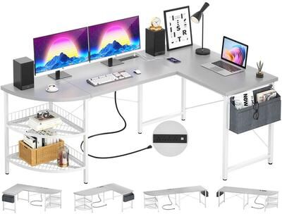 No "L Shaped Desk with Power 98.4"" Reversible Corner Computer Table with Storage Shelves and Bag"