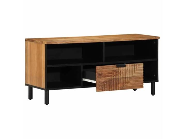 Xolmizyn TV-Schrank aus Mangoholz mit Regal & Schublade, 100 x 33 x 46 cm Massives Mango-Holz, Schwarze Eisenbeine, Minimalistisches Design