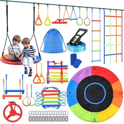 Hapfan 50ft Ninja Warrior Obstacle Course for Kids with Swing,Tree Slackline Jungle Gym Outdoor