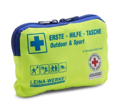 Leina-Werke DRK Erste-Hilfe-Set Outdoor & Sport neongelb, Nylon, 14-tlg. Pflasterset, Verbandpäckchen, BURNSHIELD, Zeckenhilfe
