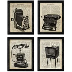 POSTER Set mit 4 Kamera, Schreibmaschine, Telefon und TV Foto Definitionen, Emotionen, Freundschaft und Kommunikation A4 Schwarzer Rahmen