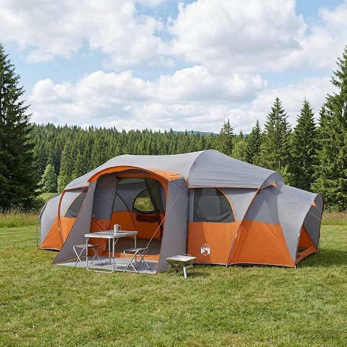 Familienzelt Tunnel wasserdicht mit Regenschutz, 185T Polyester, 580x307x208 cm, für 10 Personen, mit E-Port, Mesh-Belüftung, leicht und stabil für Camping, Outdoor, Trekking und Strand