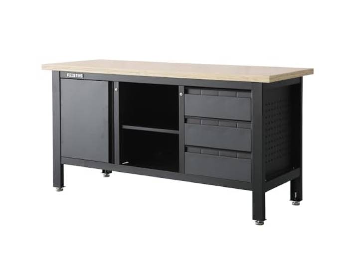 FEISTOS Werkbank Heros 1, 169x60x87 cm, 38 mm Arbeitsplatte Werkbank mit drei Schubladen, einem Schrankelement und 350 kg Gesamttraglast, seitlicher Lochwand und verstellbaren Füßen.