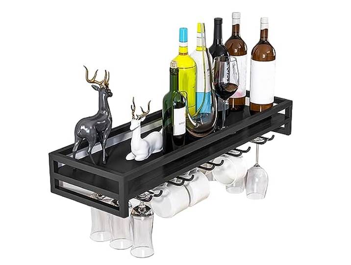 LigedamaiEU Wandmontiertes schwebendes Weinregal – Weinglas-Aufbewahrungsaufhänger, industrieller Halter, Stielglas-Display for die Küche, Schwarz/Weiß/Gold(Black,100cmx20cmx8.5cm)