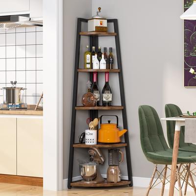 1Easylife Brown/ Black Corner Ladder Shelf,5 Tier Corner Bookshelf Bookcase, White/ Gold 70 Inch Tall Display Rack for Small Space