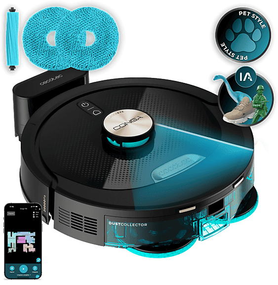 Robot friegasuelos - Cecotec Conga M100 Spin AI, Navegación inteligente IA, Programable, Negro