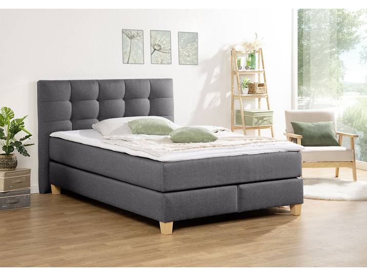 Boxspringbett, Samtstoff, Anthrazit, 154×211 cm, Inklusive Topper, 7-Zonen-Tonnentaschenfederkern, Home-affaire