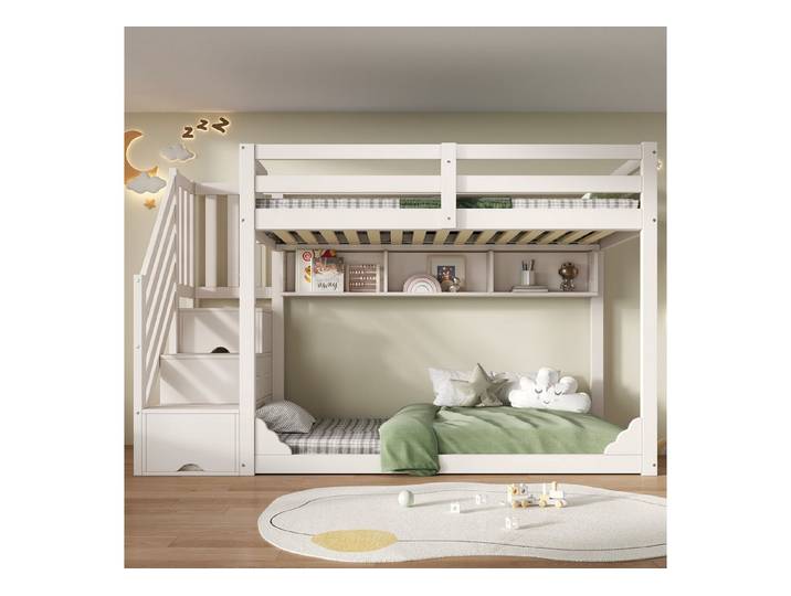Odikalo Etagenbett 90x200 Kinderbett mit Treppe und Stauraum (mit Treppenschrank und Stauraum, platzsparendes Holz Kinderbett für Geschwister mit Sicherheitsgeländer und Ablagefächern, ohne Matratze)