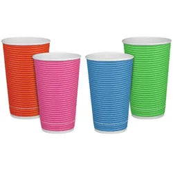 VEPATIM 25x Pappbecher Heißgetränkebecher doppelwandig Farbmix geriffelt 400ml (max 500ml)