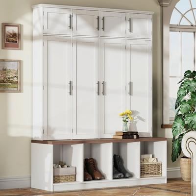 Farmhouse Hall Tree ersatile Walnut Seating Bench with 8 Doors