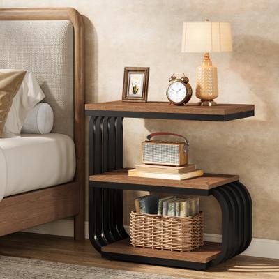 YUZHOU 3-Tier Industrial Nightstand with Curved Metal Frame for Bedroom