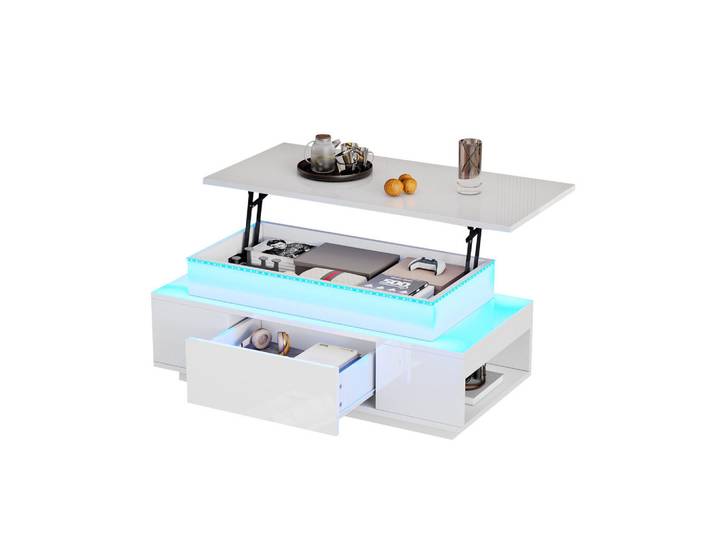 Flieks Couchtisch höhenverstellbar Weiß 96x45x40cm LED Stauraum, 45x40x96 cm, Wohnzimmer, Wohnzimmertische, Couchtische