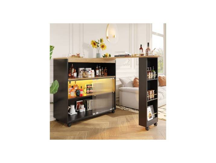 Table de bar extensible table de bar rétractable avec LED îlot de cuisine grand espace de rangement noir (138-204×39×105cm)