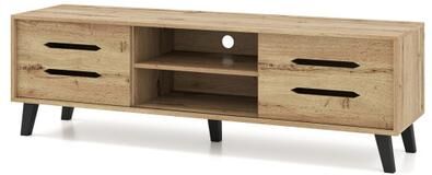 Costway Mid Century Modern TV Stand with Sliding Doors and Cable Hole for 65 Inch TVs-Natural