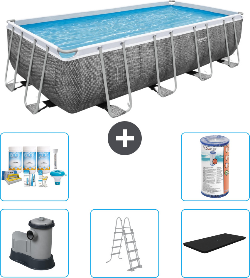 Bestway rechteckiges Power Steel-Schwimmbecken - Rattan-Druck - 549 x 274 x 122 - inklusive Pumpe - Leiter - Abdeckung Wartungspaket - Filter