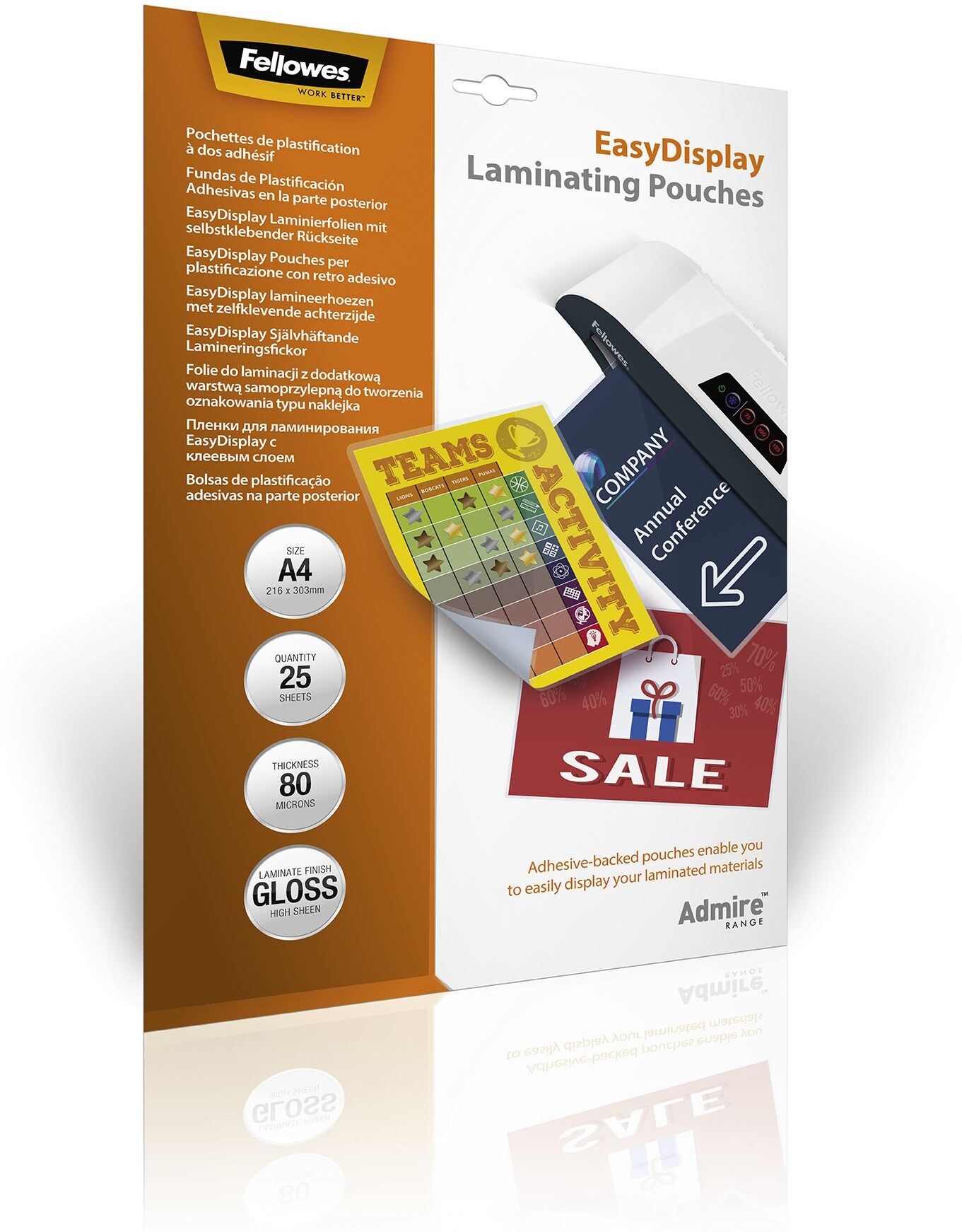 Fellowes Admire EasyDisplay Self-Adhesive Laminating Pouches A4 80 Micron - Pack of 25 (5601703)