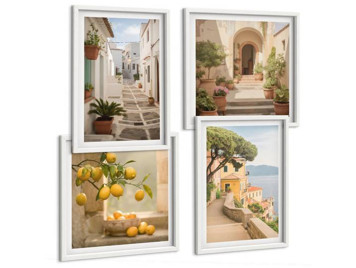 Tulup Bilder SET 4er Set - 50x50 cm & 40x60 cm Weißer Rahmen - Zitrusbaum im Fenster am Meer, Kunststoff, Rechteckig, 50x50 cm, gerahmt, Bilder & Rahmen, Bilder