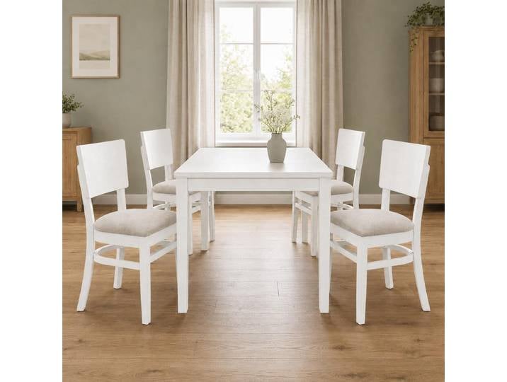 Massivholz-Esszimmer-Set 5-teilig weiß Tisch & 4 Polsterstühle