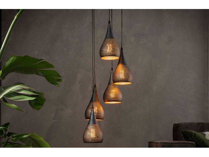 Pendelleuchte Calira“ – Gestuft mit 5 perforierten Lampenschirmen aus Metall in Schwarz-Bronze - Schwarz-Bronze - Luxusbetten24