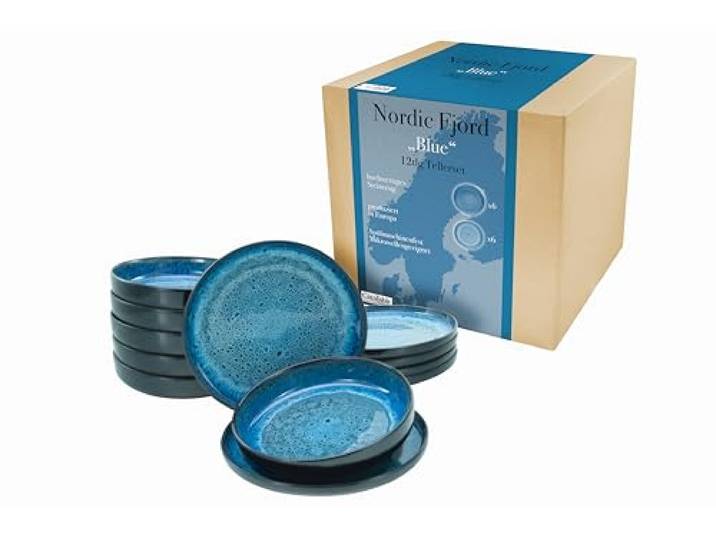 CreaTable\, 21550\, Série Nordic Fjord\, Set de 12 pièces de vaisselle\, Set d'assiettes en grès\, lavable au lave-vaisselle et au micro-ondes\, production de qualité\, Blue